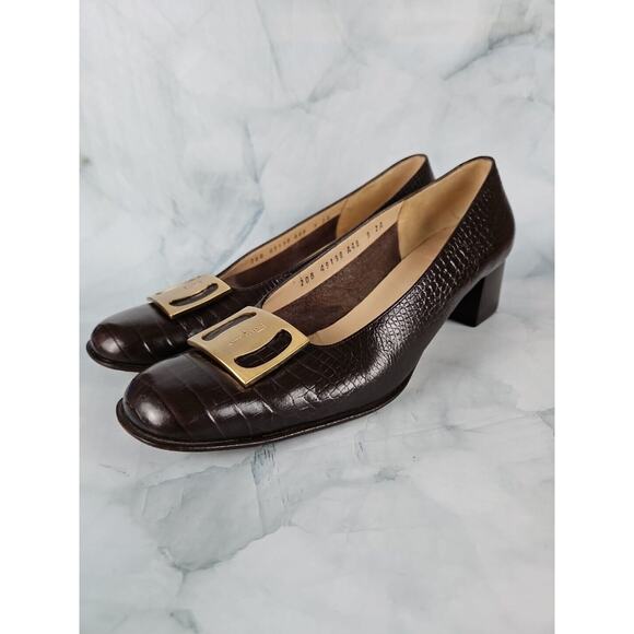 Vintage Salvatore Ferragamo Brown Snakeskin Leather Block Heel Pumps size‎ 9 2A - Picture 1 of 10